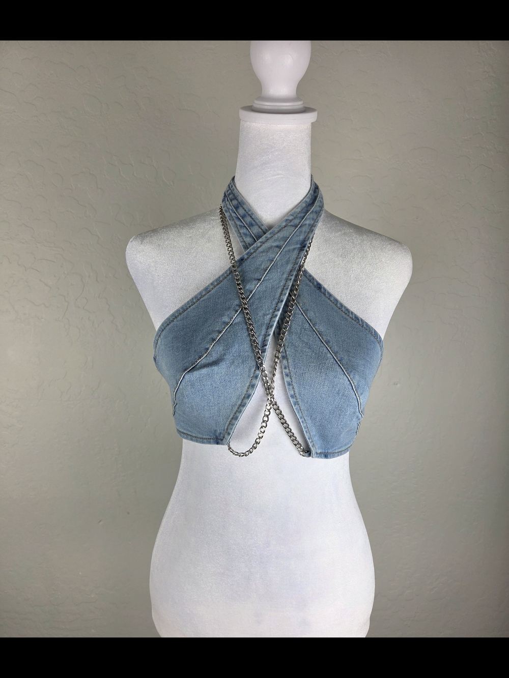 Denim Crisscross Halter Crop Top - Light Blue